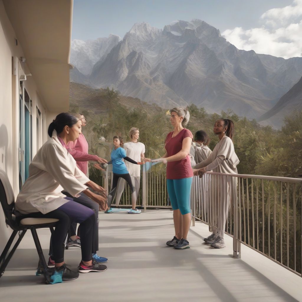 Patients engaging in therapy session with a therapist on a balcony overlooking a mountain view